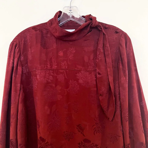 Wilfred Maroon Bronze Satin Floral Tie Neck Bohemian Classic Blouse Small - Picture 6 of 11